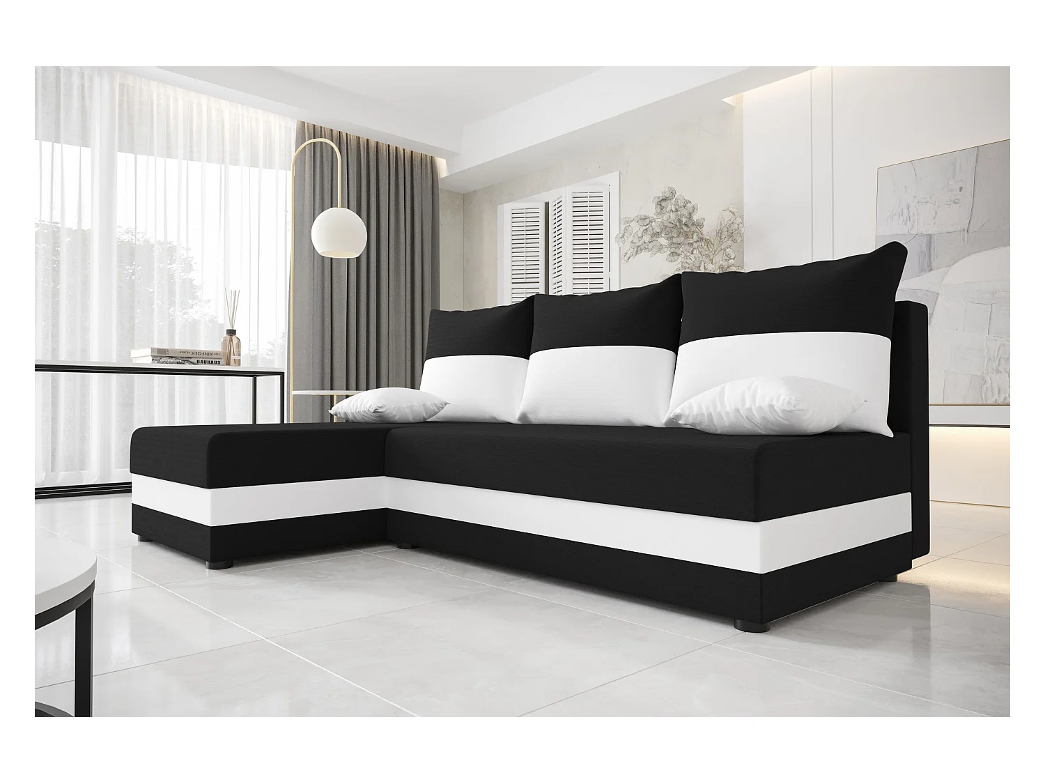 BEDANTE canapé d'angle HEWLET L Rainbow 15+31 gauche noir/blanc avec fonction de couchage canapé en forme de L