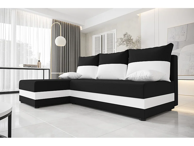 BEDANTE canapé d'angle HEWLET L Rainbow 15+31 gauche noir/blanc avec fonction de couchage canapé en forme de L