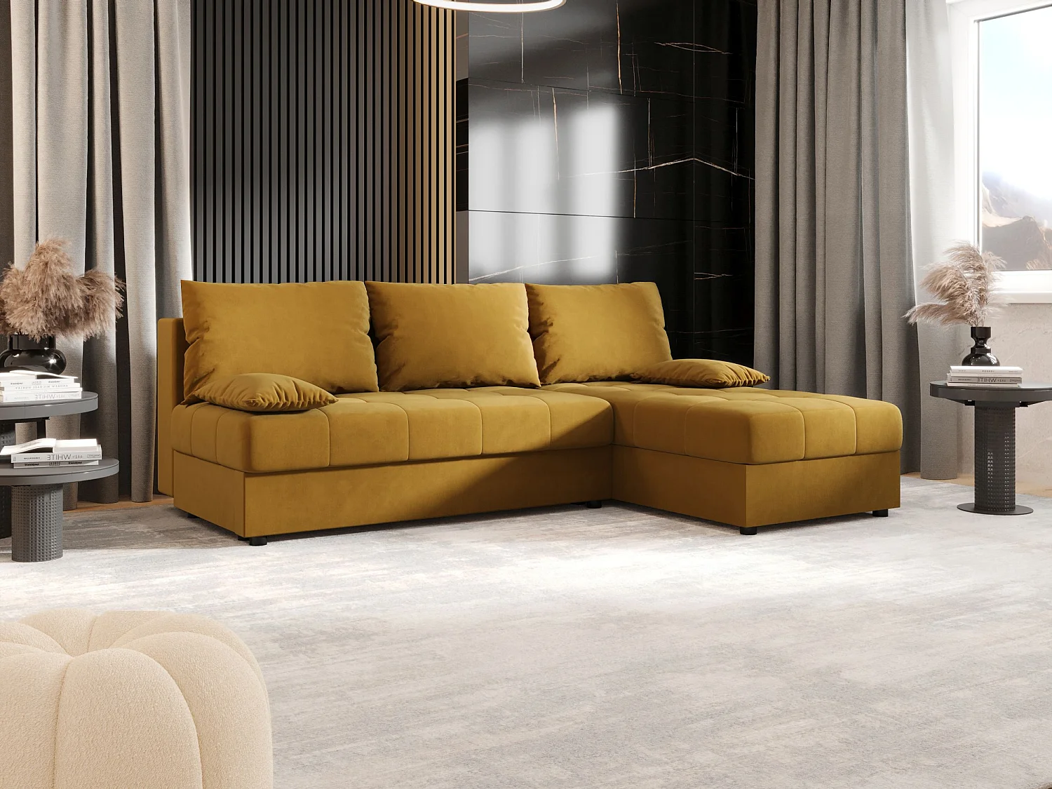 BEDANTE canapé d’angle MOS L Itaka 33 droite orange avec fonction de couchage canapé en forme de L avec coffre de rangement