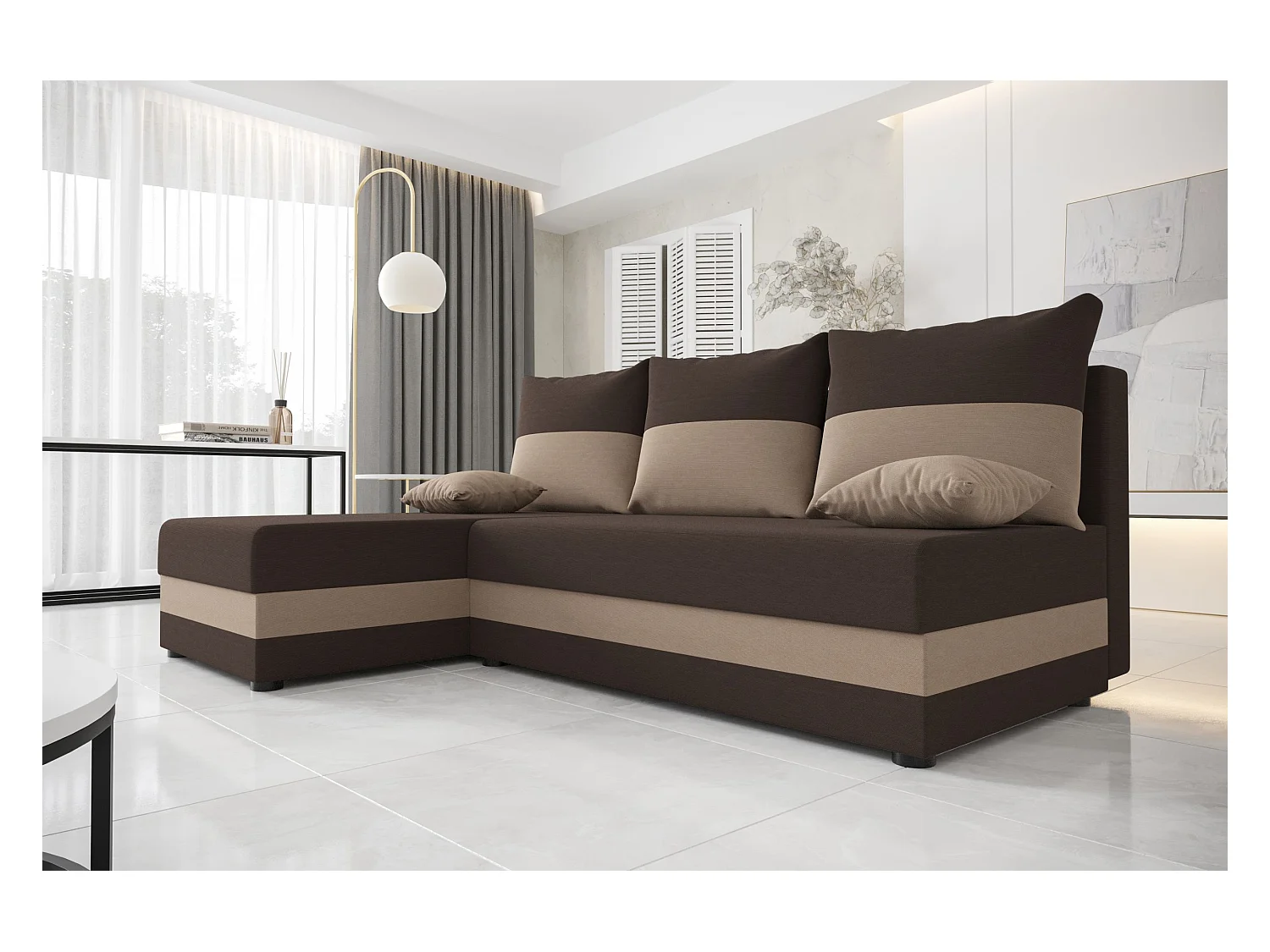 BEDANTE canapé d'angle HEWLET L Rainbow 41+05 gauche marron/beige avec fonction de couchage canapé en forme de L