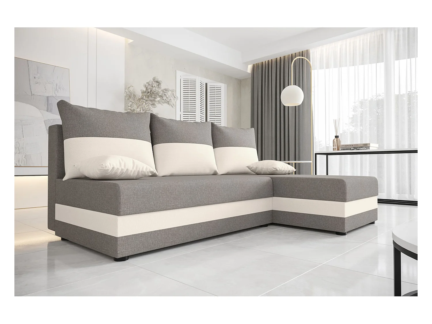BEDANTE ECKSOFA HEWLET L Sawana 21+01 Rechts Beige/Grau mit Schlaffunktion L-Form Sofa mit Stauraum Bettkasten