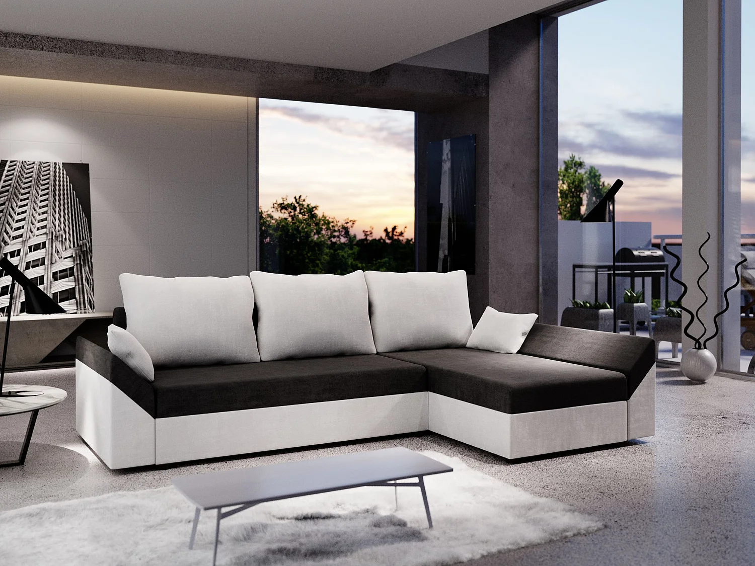 BEDANTE Canapé d’angle DANTE L droite Rainbow 15 + 31 Noir/Blanc Forme L