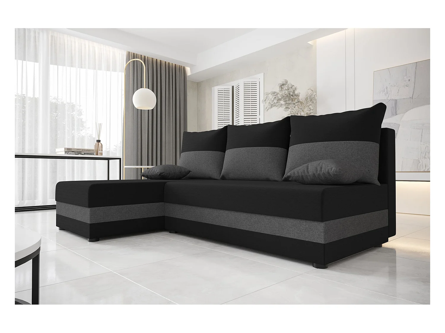 BEDANTE canapé d'angle HEWLET L Sawana 14+05 gauche noir/gris avec fonction de couchage canapé en forme de L