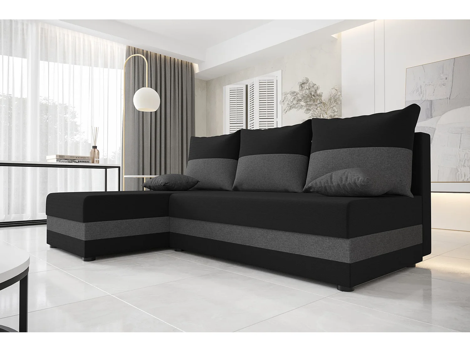 BEDANTE ECKSOFA HEWLET L Sawana 14+05 Links Schwarz/Grau mit Schlaffunktion L-Form Sofa mit Stauraum Bettkasten