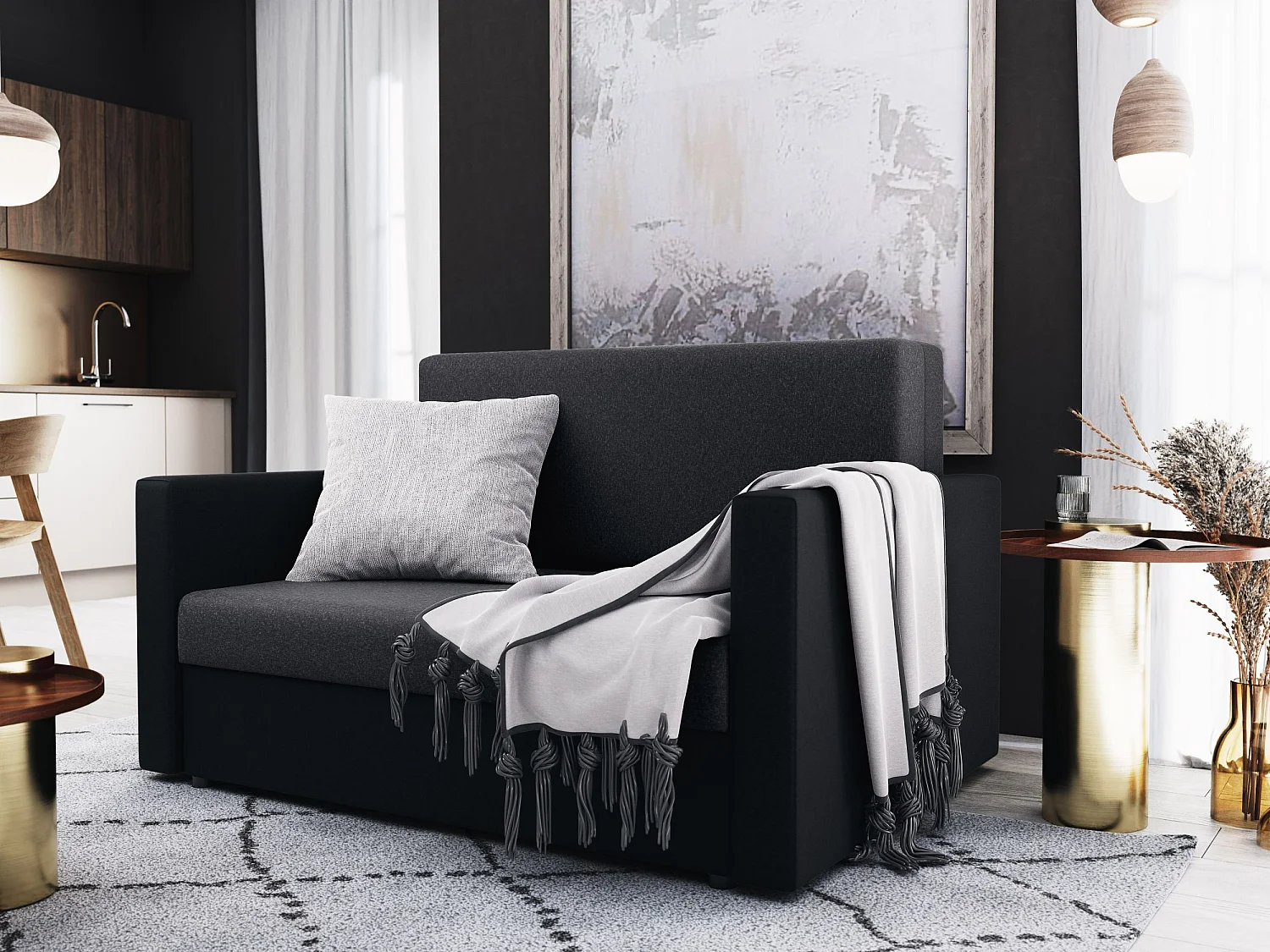 BEDANTE sofa HEVEN 120 met slaapfunctie SAWANA 05+14 donkergrijs/zwart met opbergruimte bedlade woonkamerbank bank sofa slaapbank bedlade slaapbank