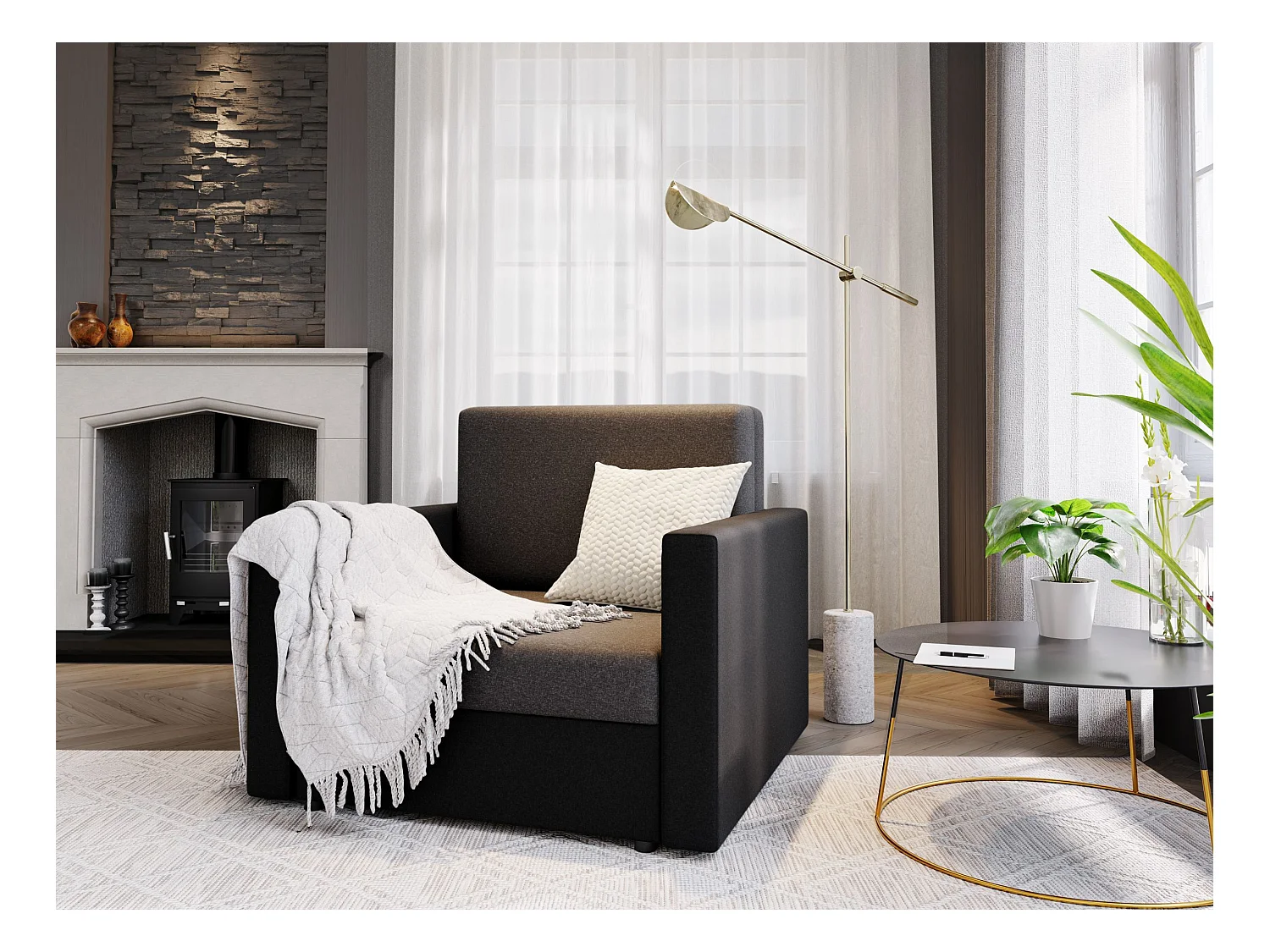 BEDANTE canapé HEVEN 80 avec fonction de couchage SAWANA 05+14 gris foncé/noir