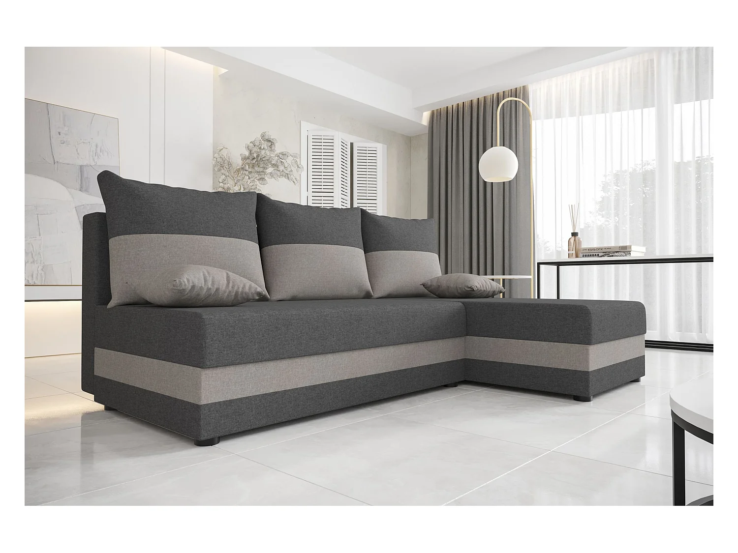 BEDANTE ECKSOFA HEWLET L Sawana 05+21 Rechts Grau/Beige mit Schlaffunktion L-Form Sofa mit Stauraum Bettkasten
