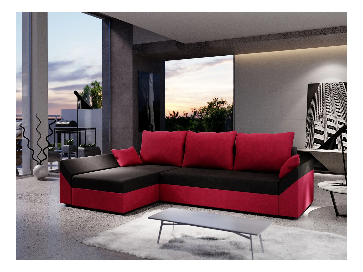 BEDANTE Canapé d’angle DANTE L gauche Rainbow 15 + 22 Noir/Rouge Forme L