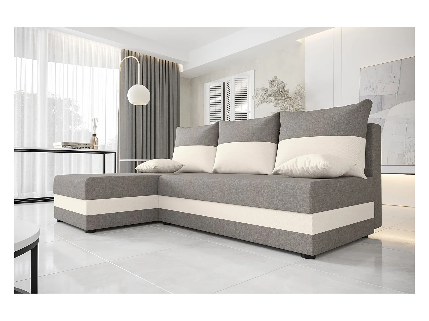 BEDANTE canapé d'angle HEWLET L Sawana 21+01 gauche beige/gris avec fonction de couchage canapé en forme de L