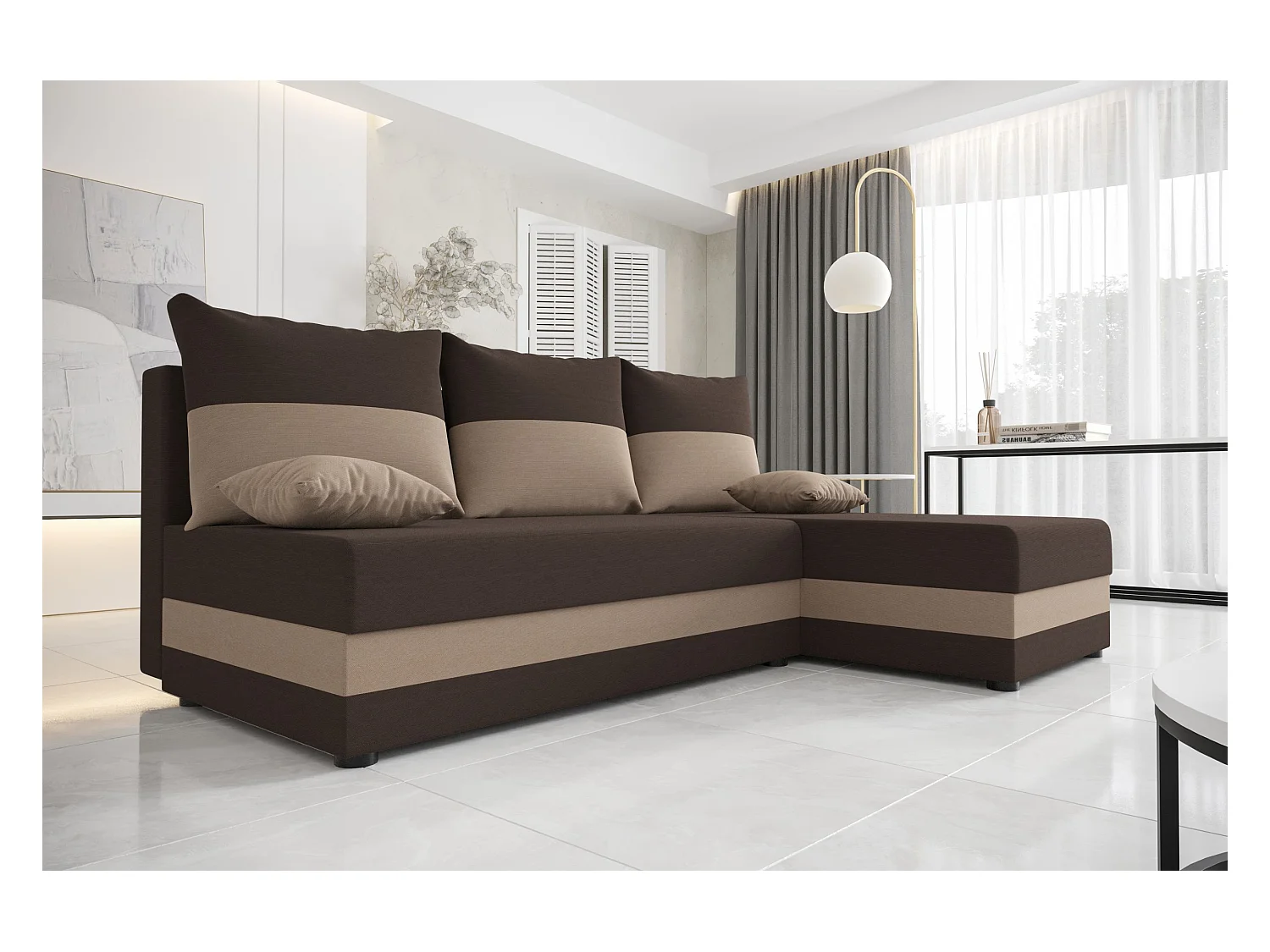 BEDANTE canapé d'angle HEWLET L Rainbow 41+05 droite marron/beige avec fonction de couchage canapé en forme de L