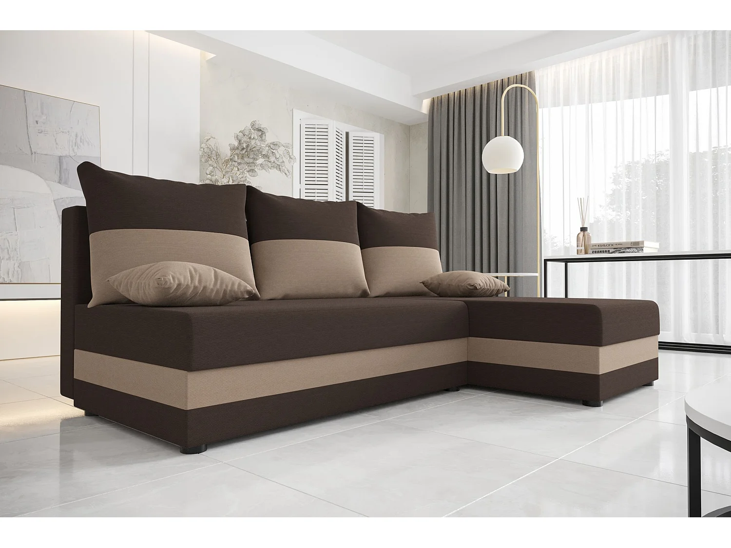 BEDANTE canapé d'angle HEWLET L Rainbow 41+05 droite marron/beige avec fonction de couchage canapé en forme de L