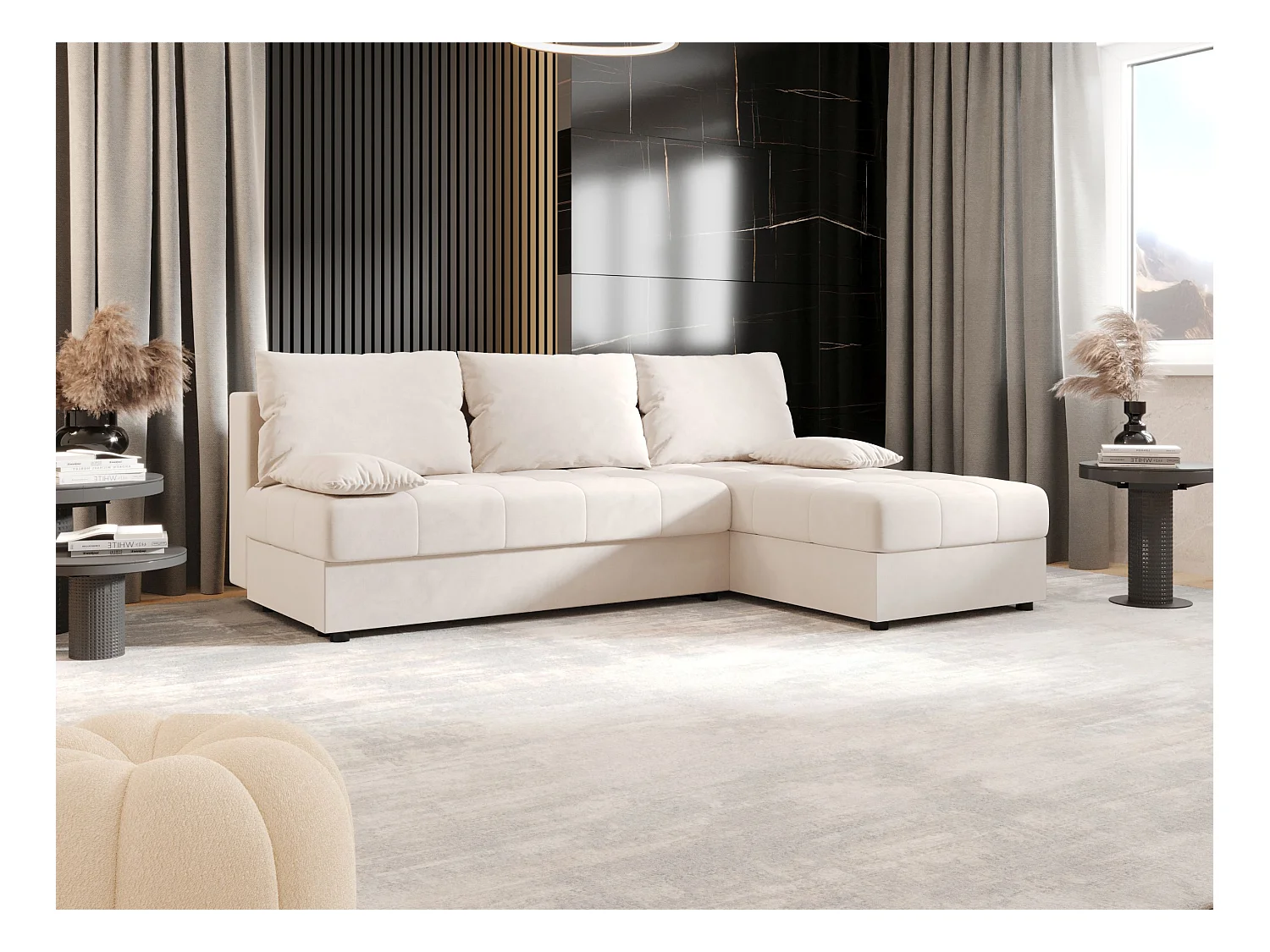 BEDANTE canapé d’angle MOS L Itaka 16 droite beige avec fonction de couchage canapé en forme de L avec coffre de rangement