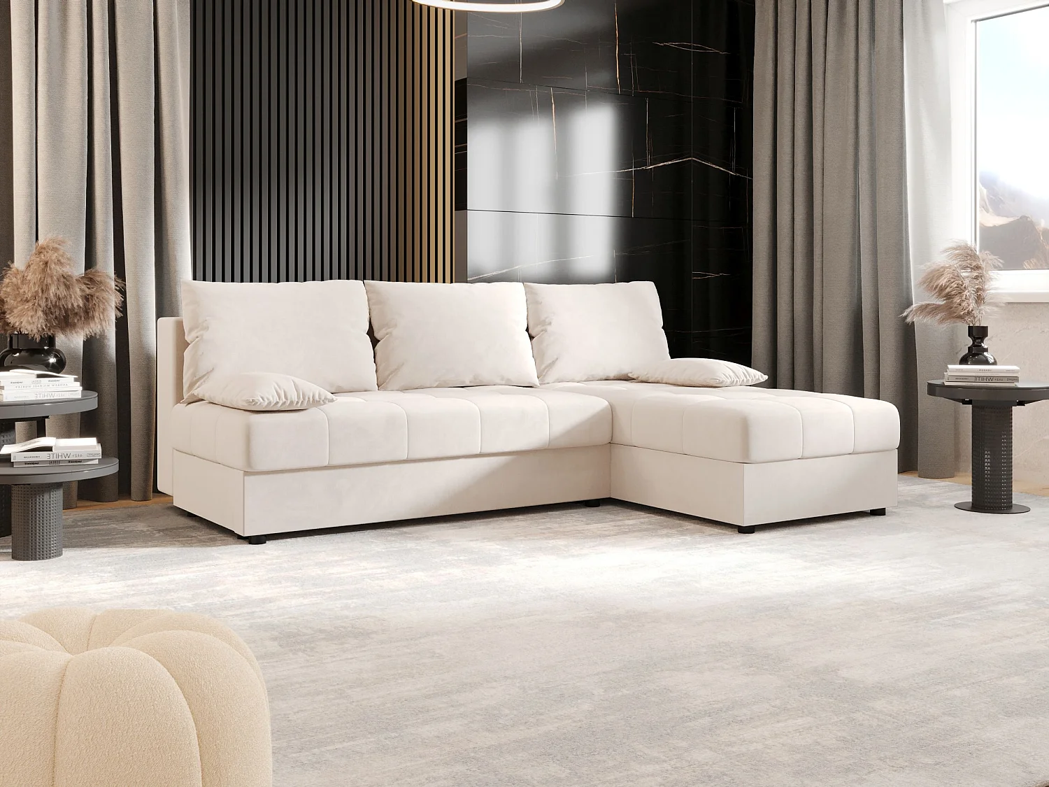 BEDANTE canapé d’angle MOS L Itaka 16 droite beige avec fonction de couchage canapé en forme de L avec coffre de rangement