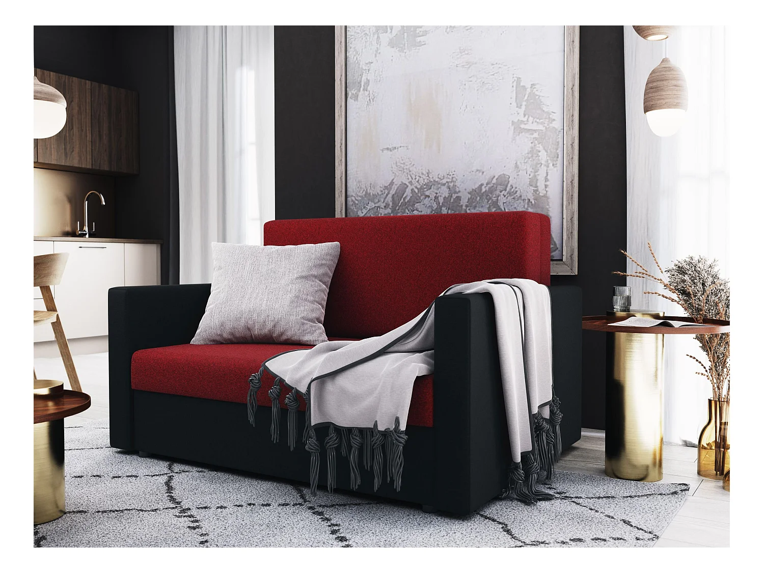 BEDANTE SOFA HEVEN 120 mit Schlaffunktion SAWANA 13+14 Rot/ Schwarz mit Stauraum Bettkasten Wohnzimmersofa Couch Sofa Bettsofa Bettkasten Bettcouch