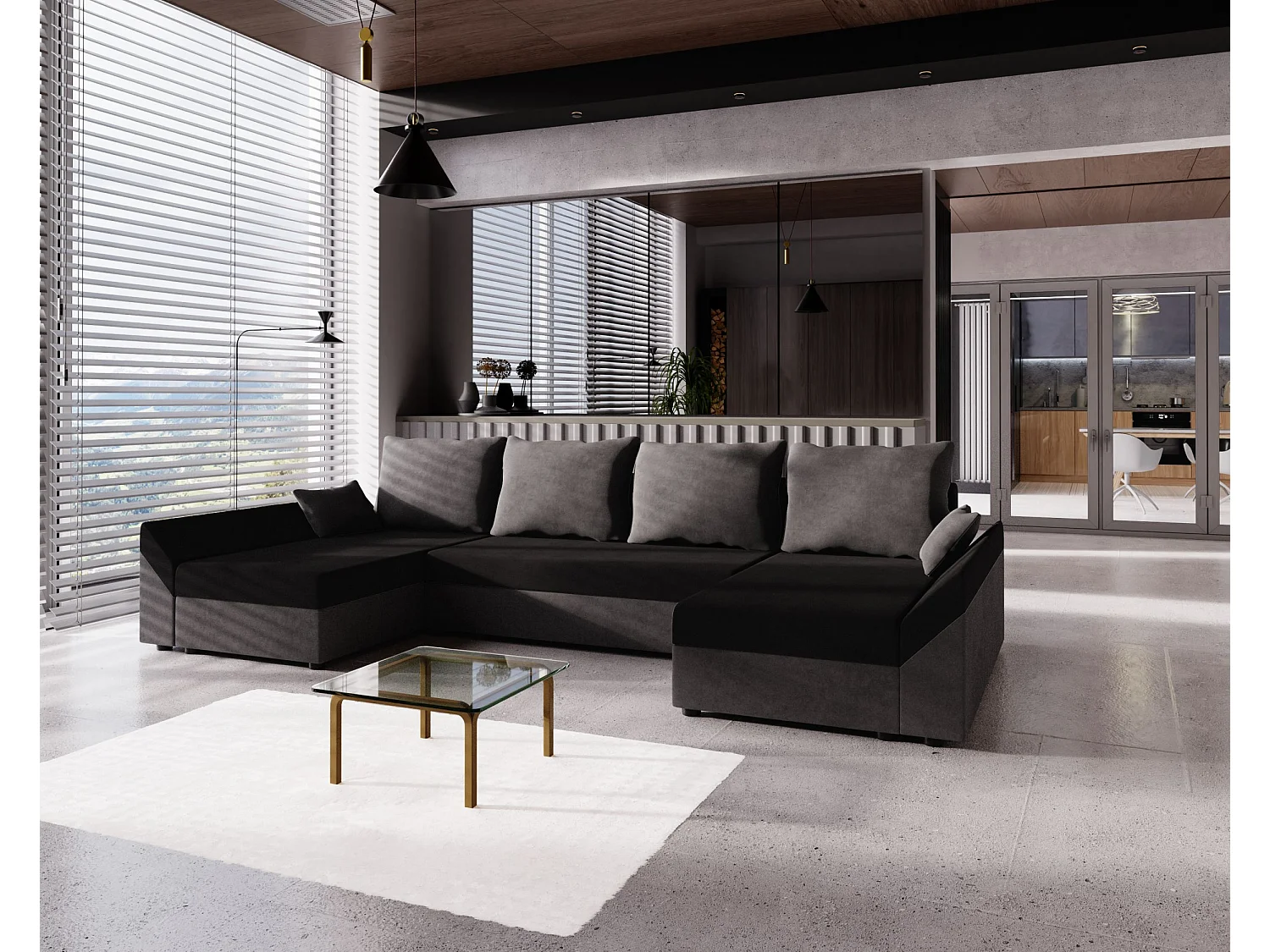 BEDANTE Canapé d’angle DANTE U Rainbow 15 + 27 Noir/Gris Forme U, Canapé avec espace de rangement, Coffre de lit, Canapé de salon, Canapé, Canapé, Canapé-lit