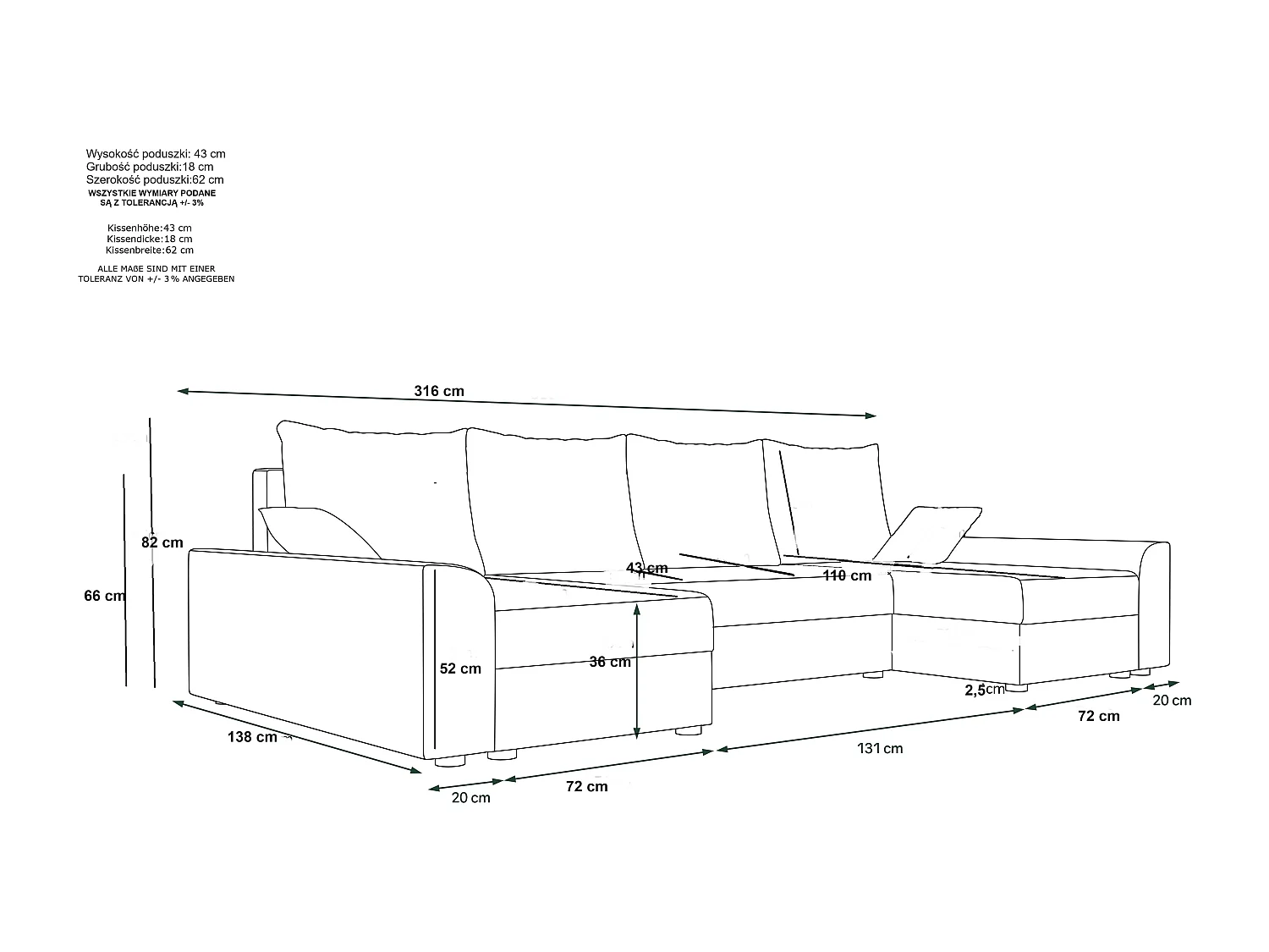 BEDANTE Canapé d’angle DANTE U Rainbow 15 + 27 Noir/Gris Forme U, Canapé avec espace de rangement, Coffre de lit, Canapé de salon, Canapé, Canapé, Canapé-lit