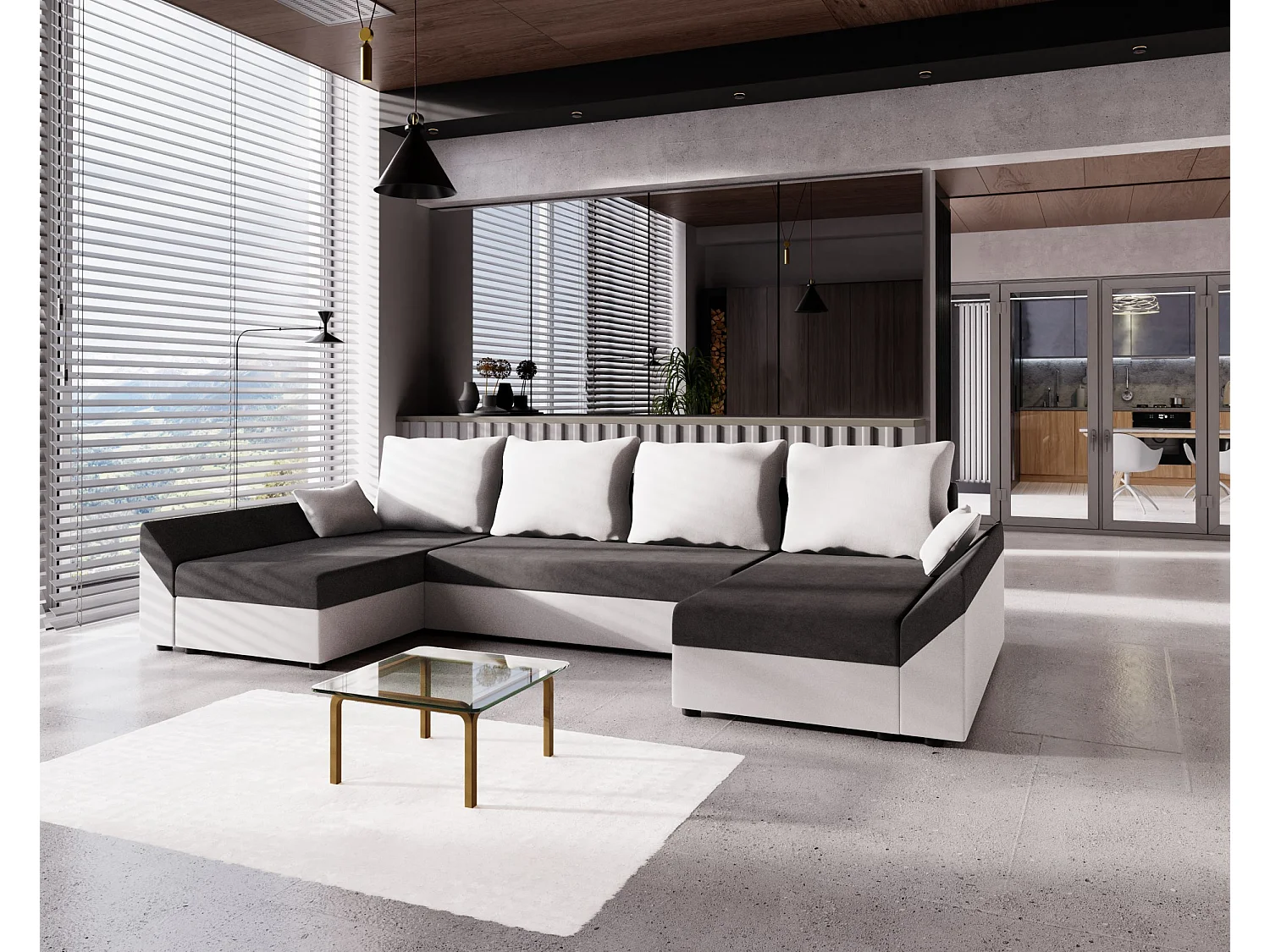 BEDANTE Canapé d’angle DANTE U Rainbow 27 + 31 Gris/Blanc Forme U, Canapé avec espace de rangement, Coffre de lit, Canapé de salon, Canapé, Canapé, Canapé-lit