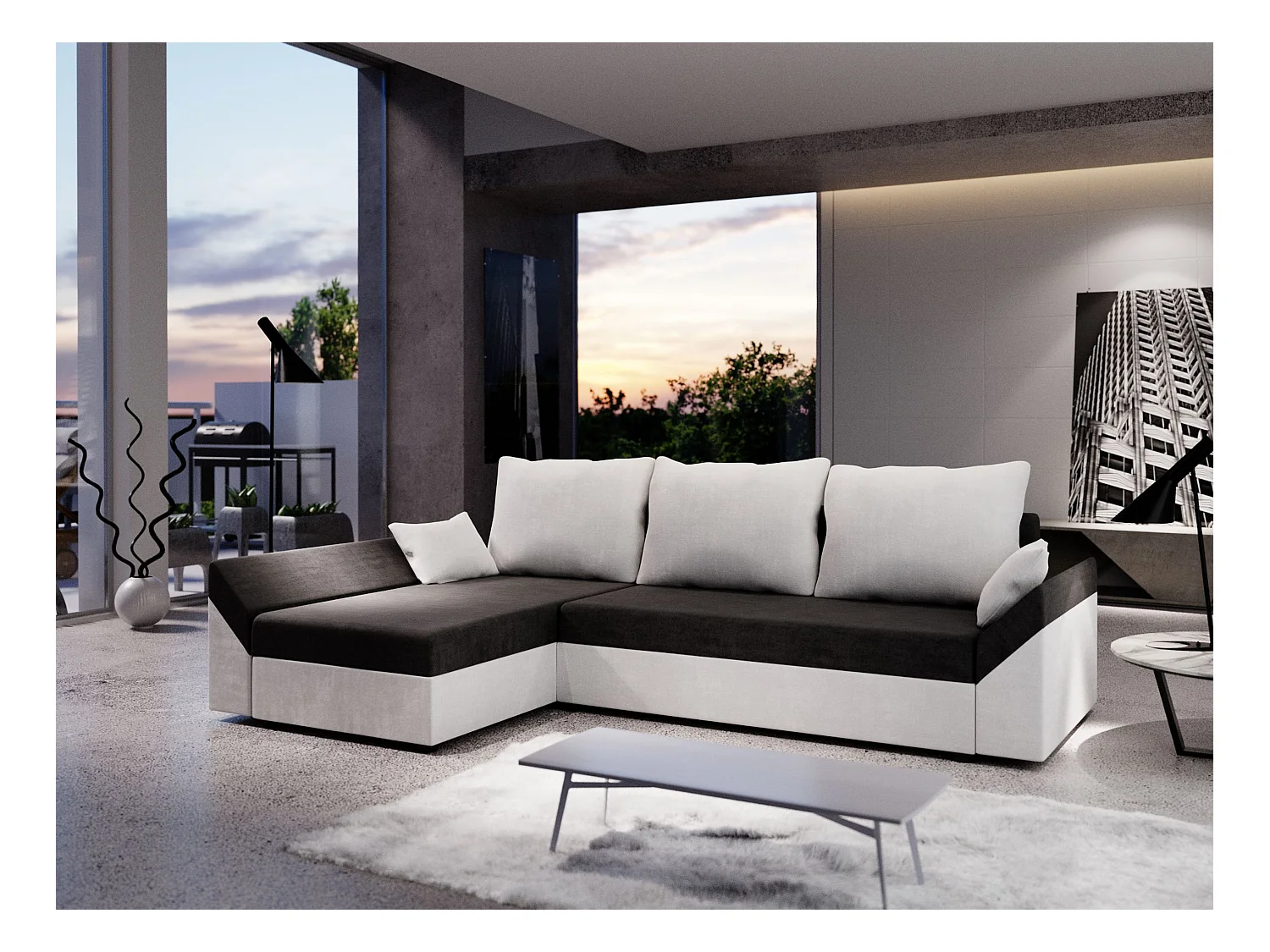 BEDANTE Canapé d’angle DANTE L gauche Rainbow 15 + 31 Noir/Blanc Forme L