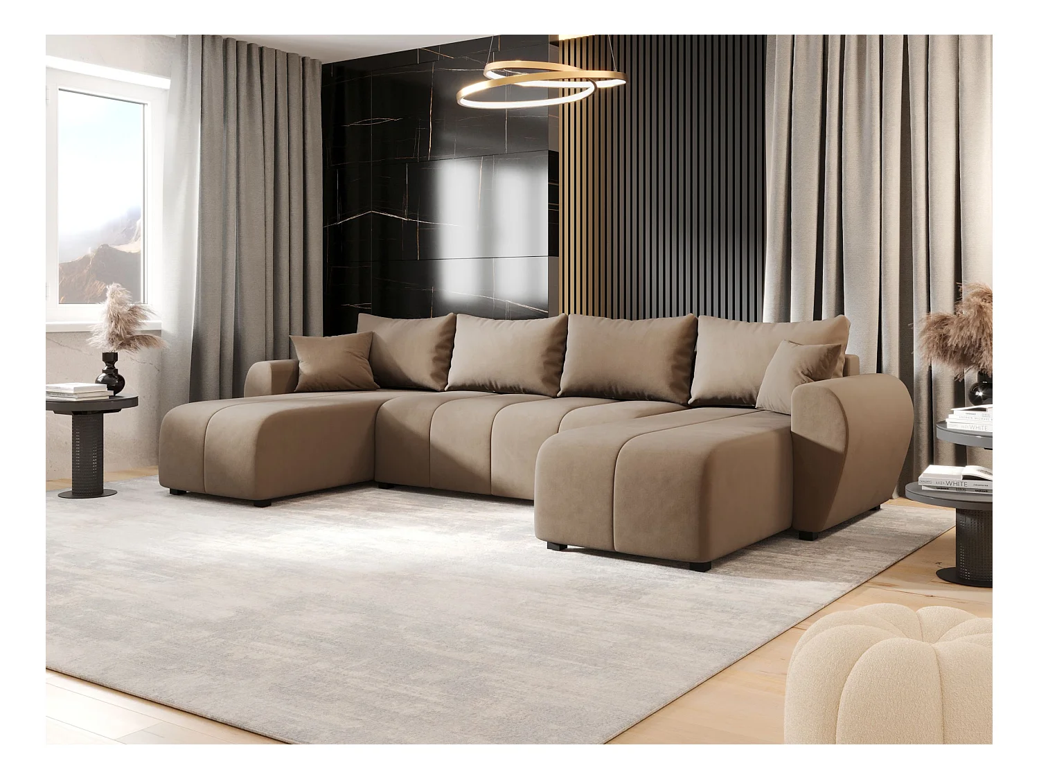 Canapé d'angle BEDANTE MOLISA U itaka 48 noir avec fonction couchage Canapé d'angle en forme de U avec espace de rangement Coffre à literie