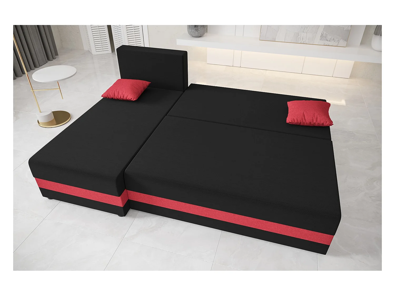 BEDANTE canapé d'angle HEWLET L Sawana 14+13 gauche noir/rouge avec fonction de couchage canapé en forme de L