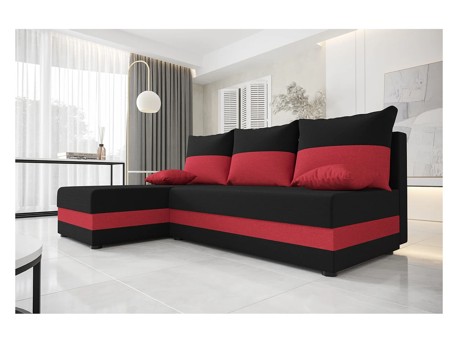 BEDANTE ECKSOFA HEWLET L Sawana 14+13 Links Schwarz/Rot mit Schlaffunktion L-Form Sofa mit Stauraum Bettkasten
