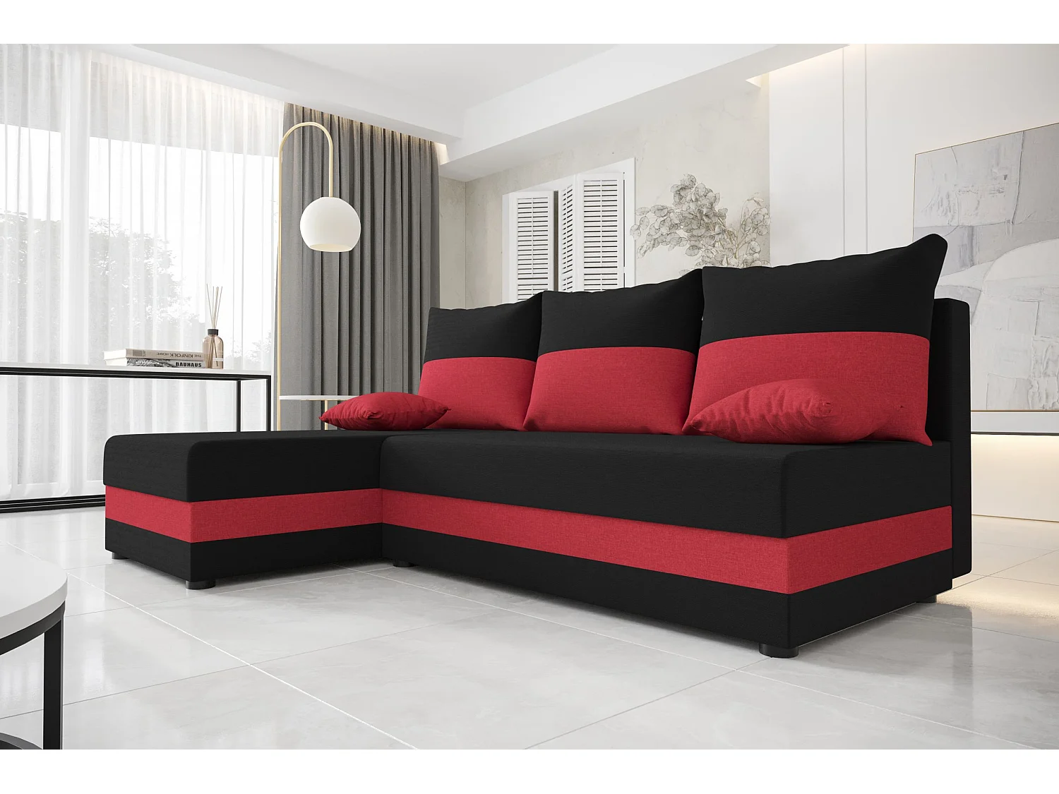 BEDANTE canapé d'angle HEWLET L Sawana 14+13 gauche noir/rouge avec fonction de couchage canapé en forme de L