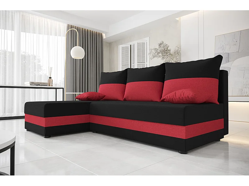 BEDANTE canapé d'angle HEWLET L Sawana 14+13 gauche noir/rouge avec fonction de couchage canapé en forme de L