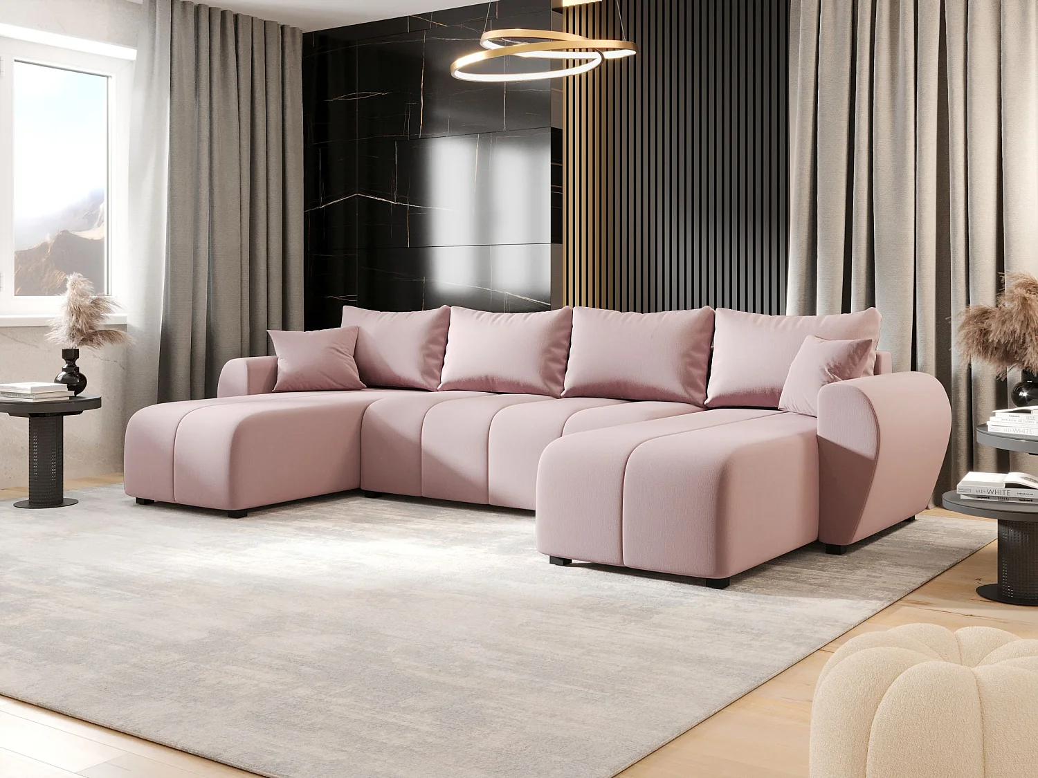 Canapé d'angle BEDANTE MOLISA U Cosmic 14 noir avec fonction couchage Canapé d'angle en forme de U avec espace de rangement Coffre à literie