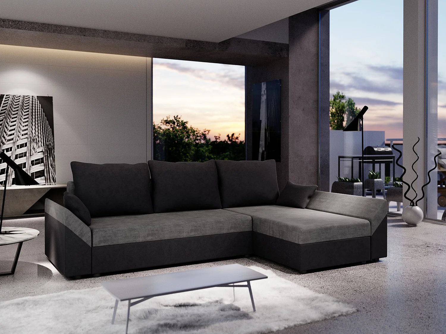 BEDANTE Canapé d’angle DANTE L droite Rainbow 27 + 15 Gris/Schwrz Forme L