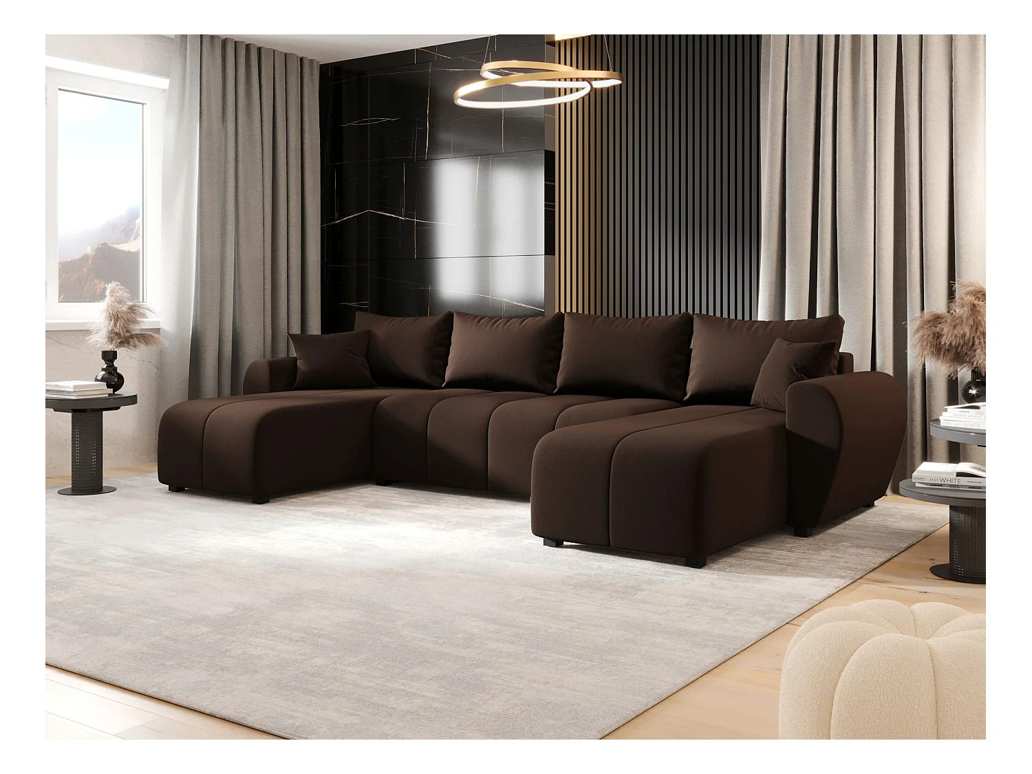 Canapé d'angle BEDANTE MOLISA U Cosmic 800 noir avec fonction couchage Canapé d'angle en forme de U avec espace de rangement Coffre à literie