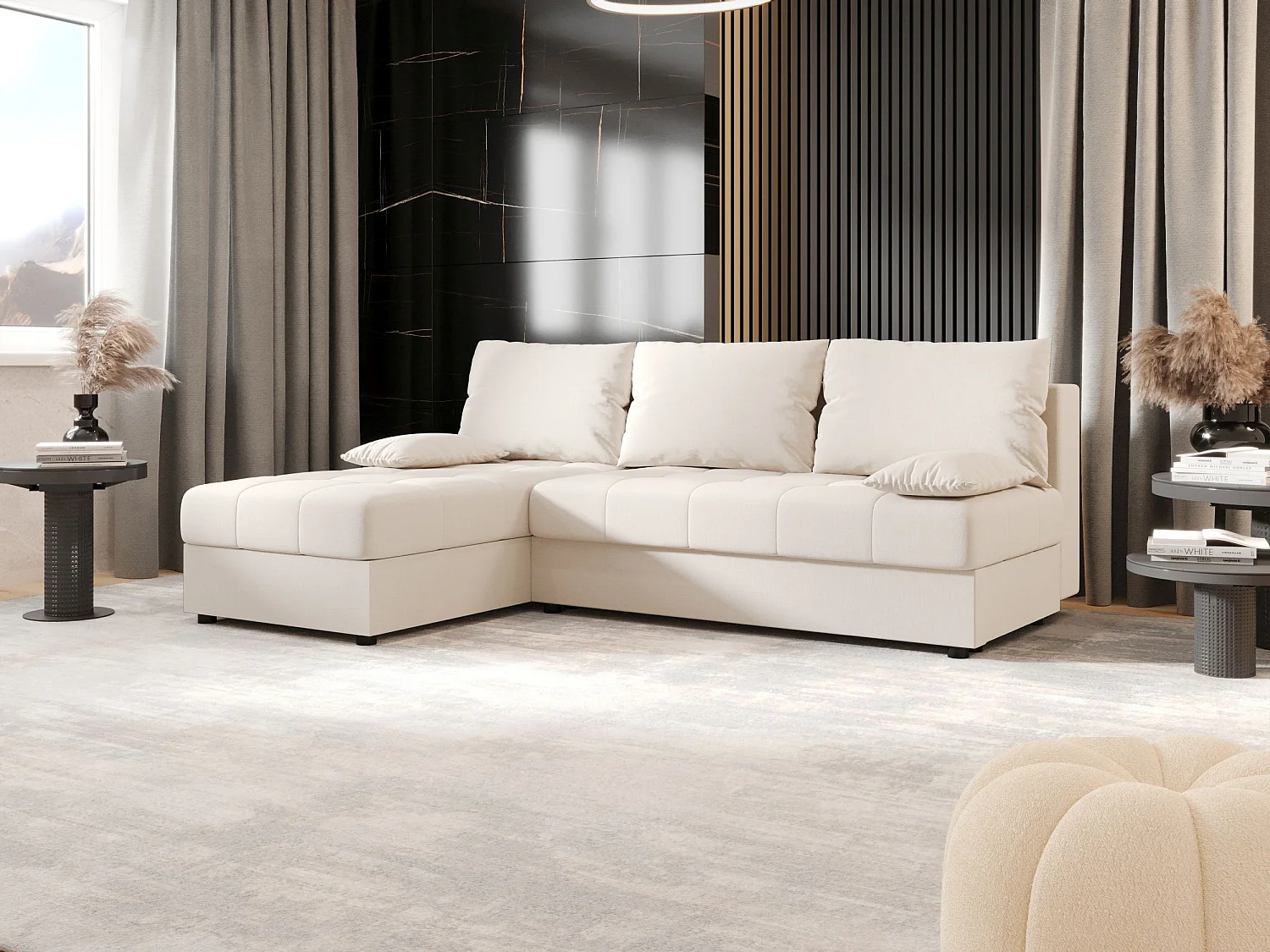 BEDANTE Canapé d’angle MOS L Cosmic 10 Beige Gauche avec fonction lit, canapé en L avec coffre de rangement, canapé-lit, canapé convertible