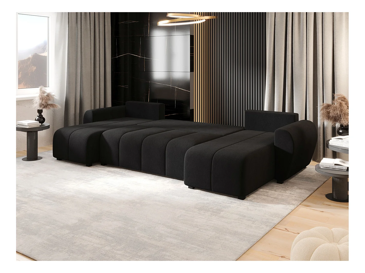 Canapé d'angle BEDANTE MOLISA U Cosmic 100 noir avec fonction couchage Canapé d'angle en forme de U avec espace de rangement Coffre à literie