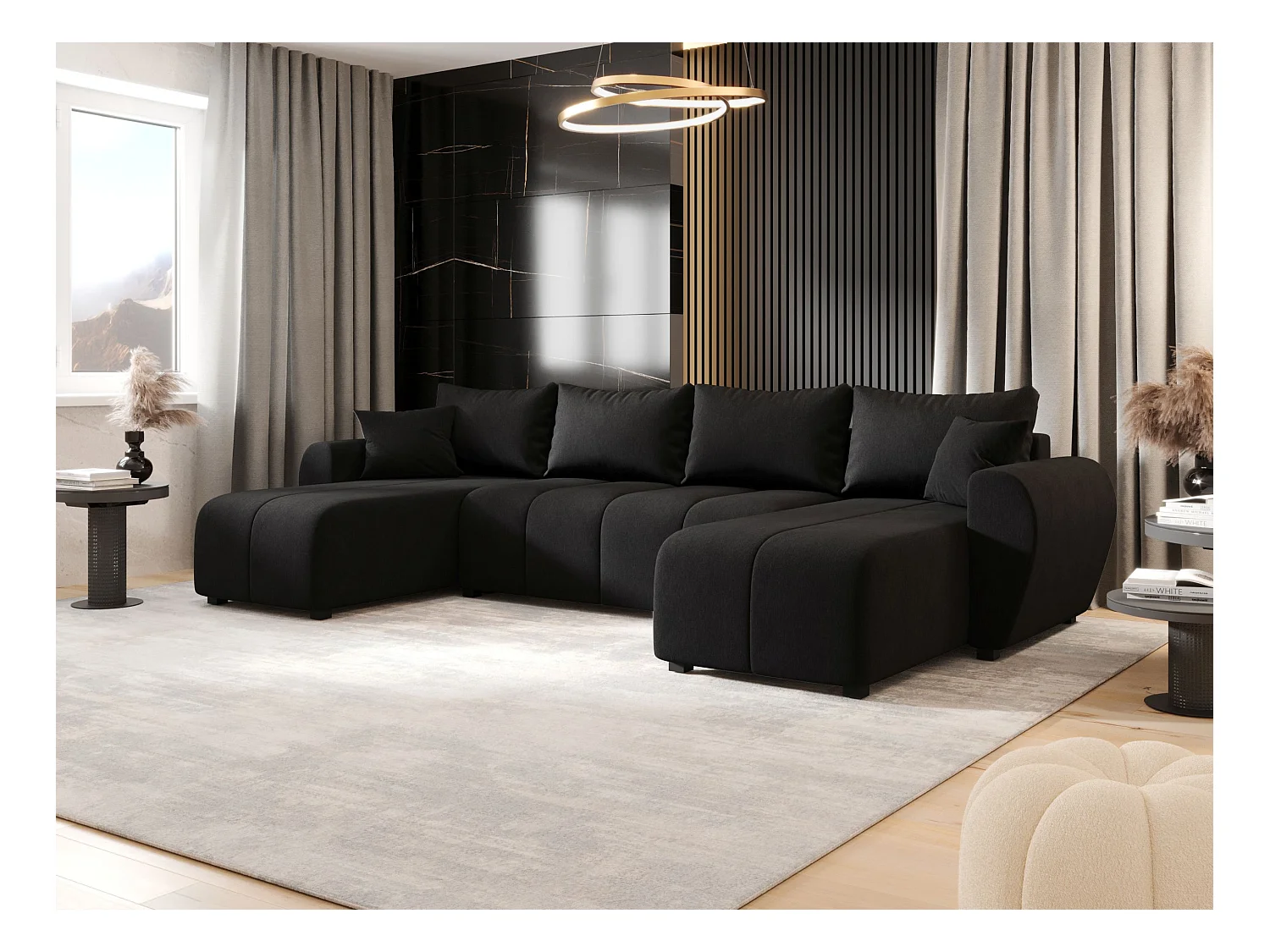 BEDANTE WOHNLANDSCHAFT MOLISA U Cosmic 100 Schwarz mit Schlaffunktion U-Form Sofa mit Stauraum Bettkasten