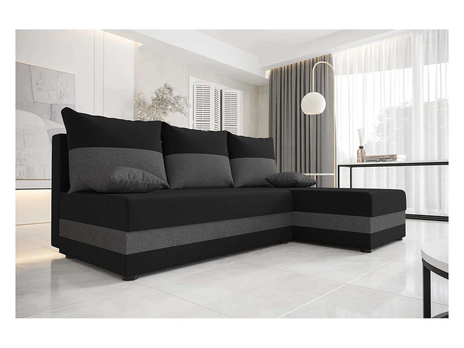 BEDANTE canapé d'angle HEWLET L Sawana 14+05 droite noir/gris avec fonction de couchage canapé en forme de L