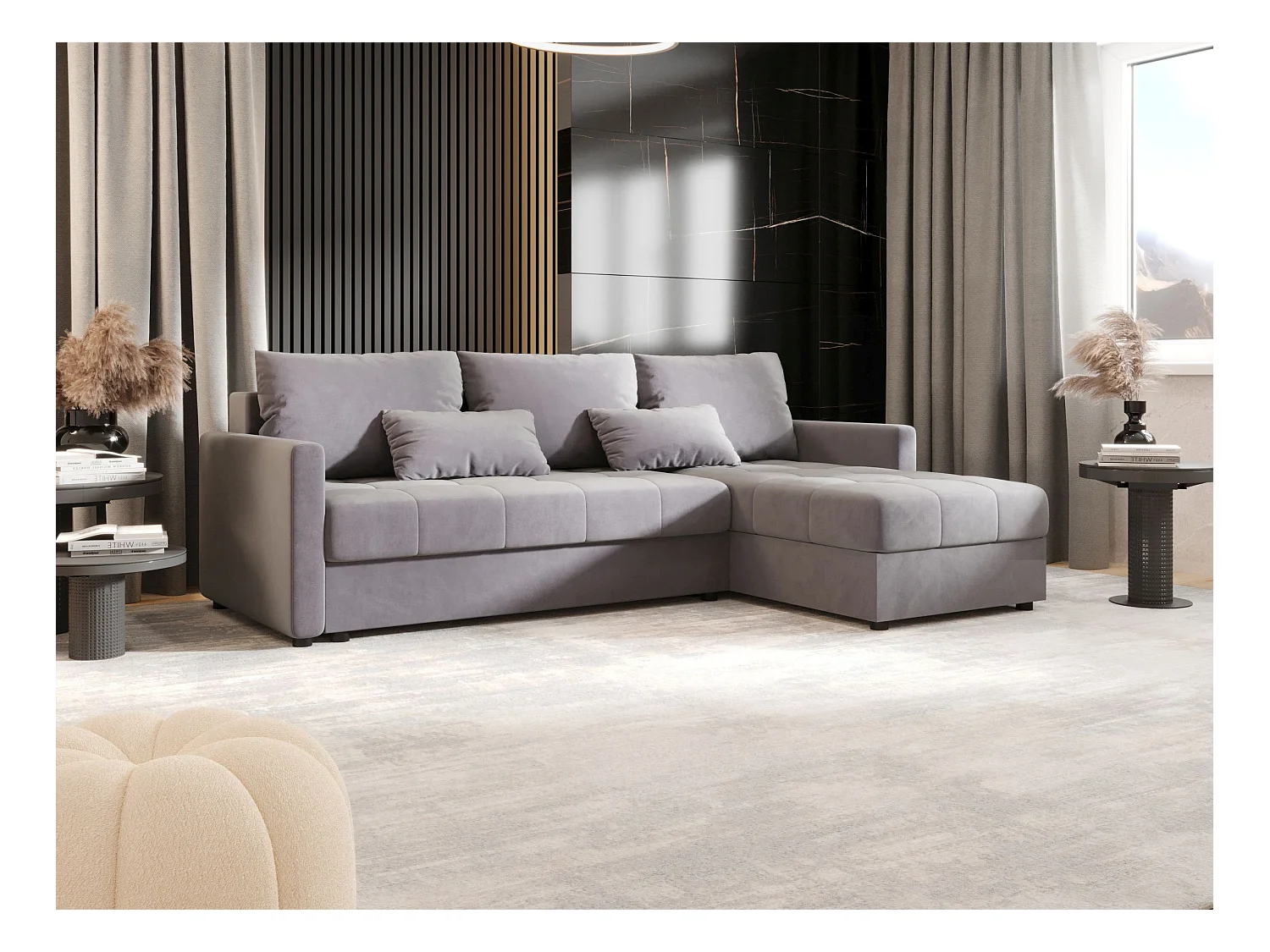 BEDANTE narożnik MOS L BIS Itaka 50 gris droite avec fonction de lit canapé en L avec coffre de rangement canapé de salon, canapé convertible