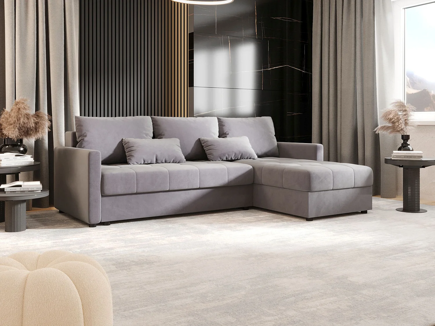 Canapé d'angle convertible coulissant 3 places avec coffre en tissu Gris BEDANTE