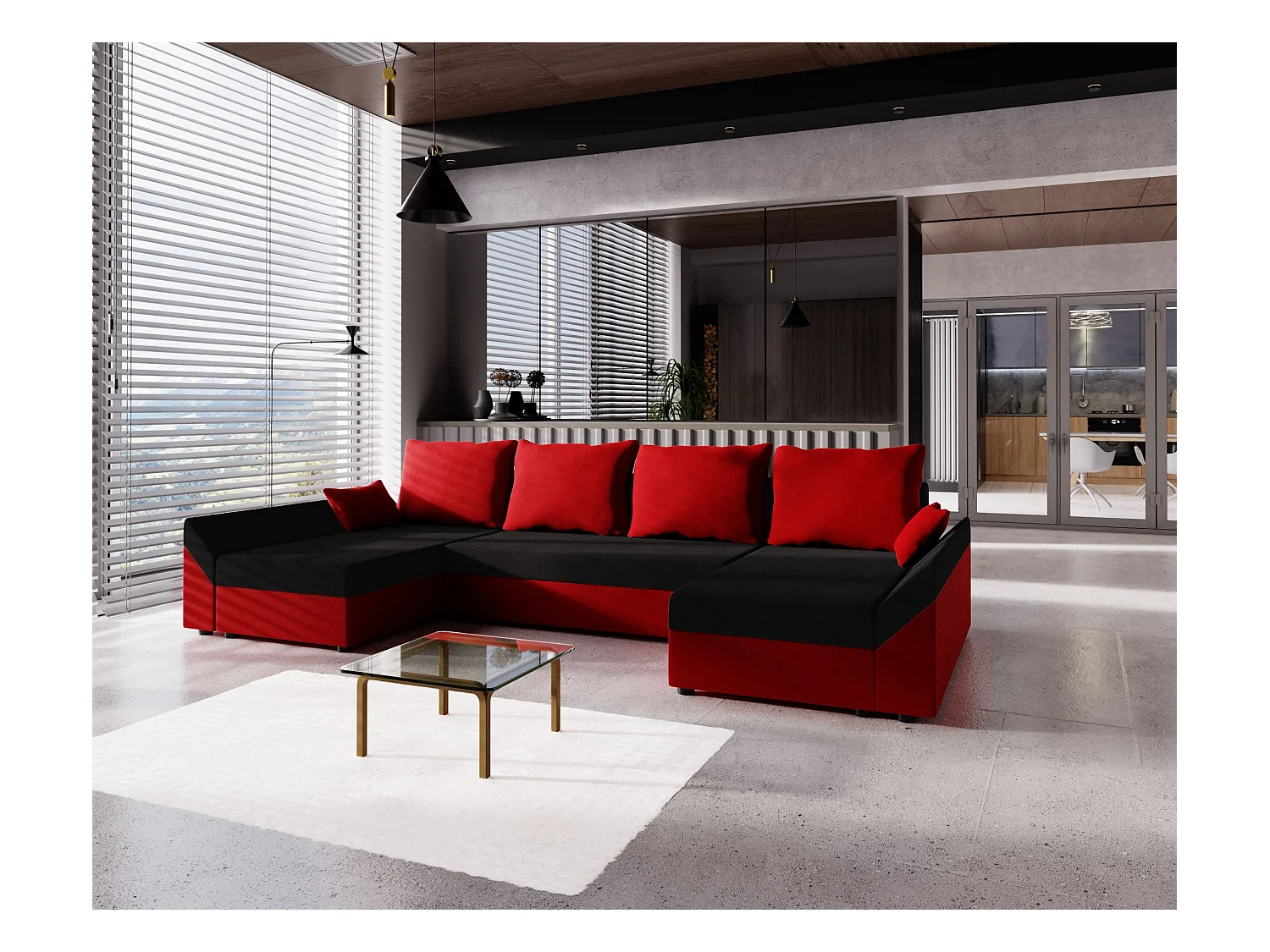 BEDANTE Canapé d’angle DANTE U Rainbow 15 + 22 Noir/Rouge Forme U, Canapé avec espace de rangement, Coffre de lit, Canapé de salon, Canapé, Canapé, Canapé-lit