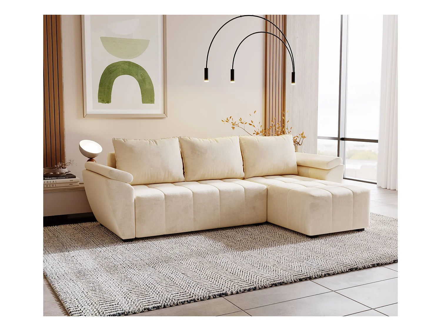 BEDANTE canapé d’angle ZEUS L Monolith 02 droit beige avec fonction lit canapé en forme de L avec coffre de rangement canapé de salon canapé convertible