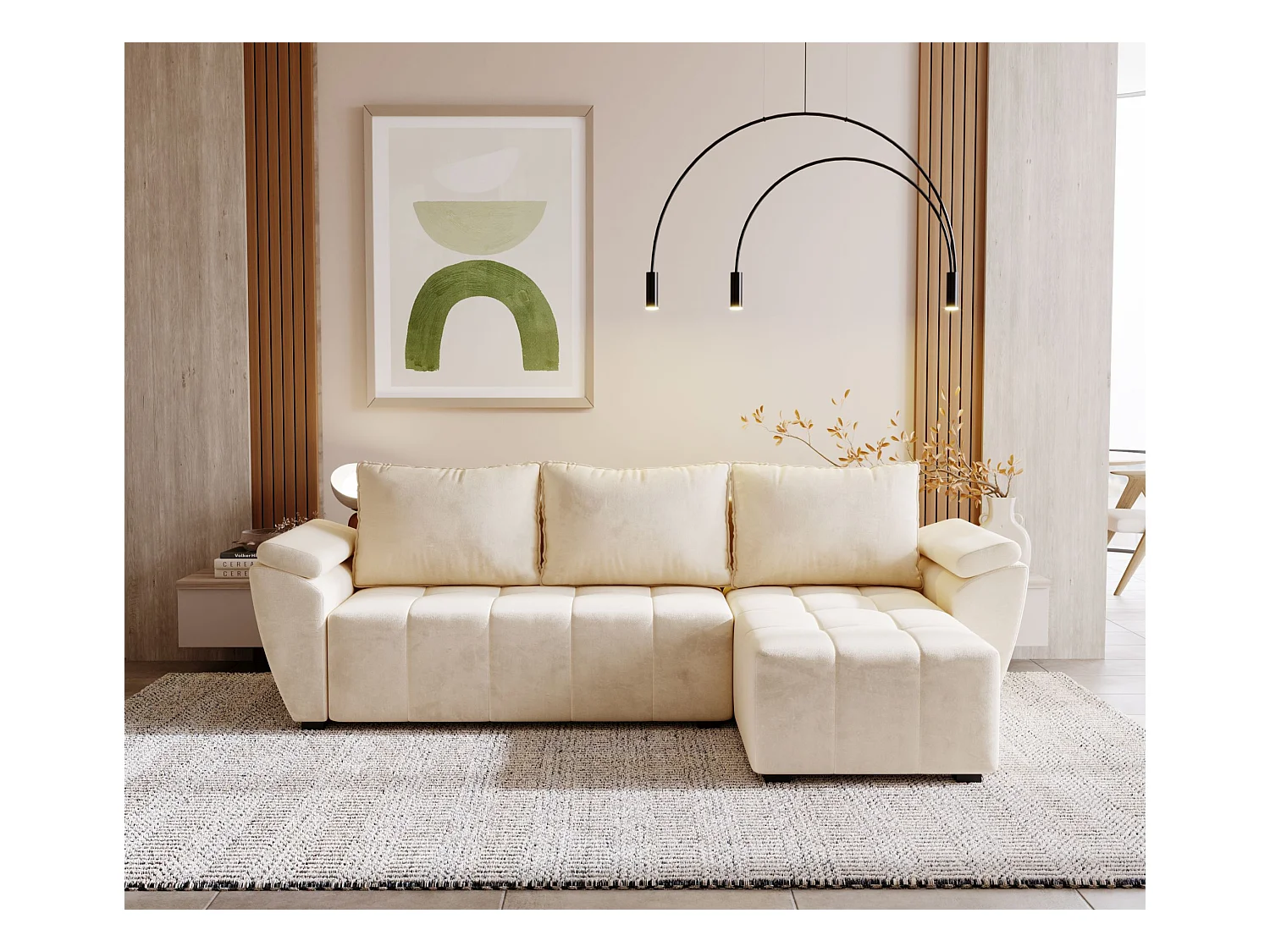 BEDANTE canapé d’angle ZEUS L Monolith 02 droit beige avec fonction lit canapé en forme de L avec coffre de rangement canapé de salon canapé convertible