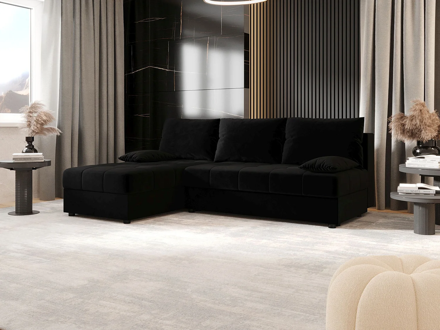 BEDANTE canapé d’angle MOS L Itaka 15 gauche noir avec fonction de couchage canapé en forme de L avec coffre de rangement