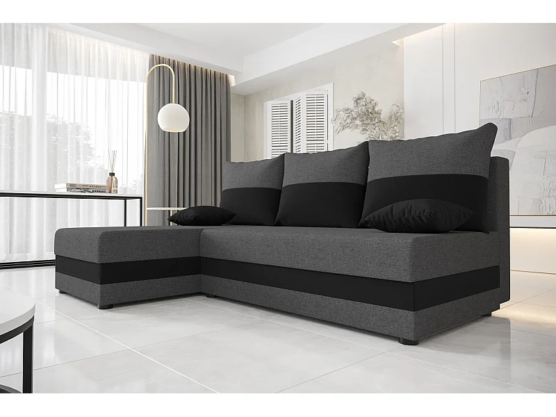 BEDANTE canapé d'angle HEWLET L Sawana 05+14 gauche gris foncé/noir avec fonction de couchage canapé en forme de L