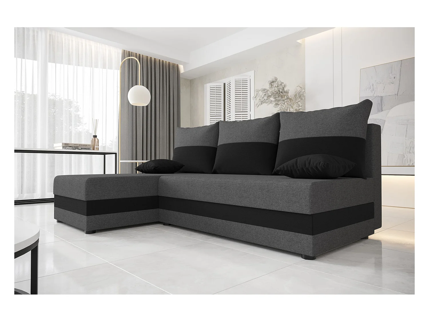 BEDANTE ECKSOFA HEWLET L Sawana 05+14 Links Dunkelgrau/Schwarz mit Schlaffunktion L-Form Sofa mit Stauraum Bettkasten