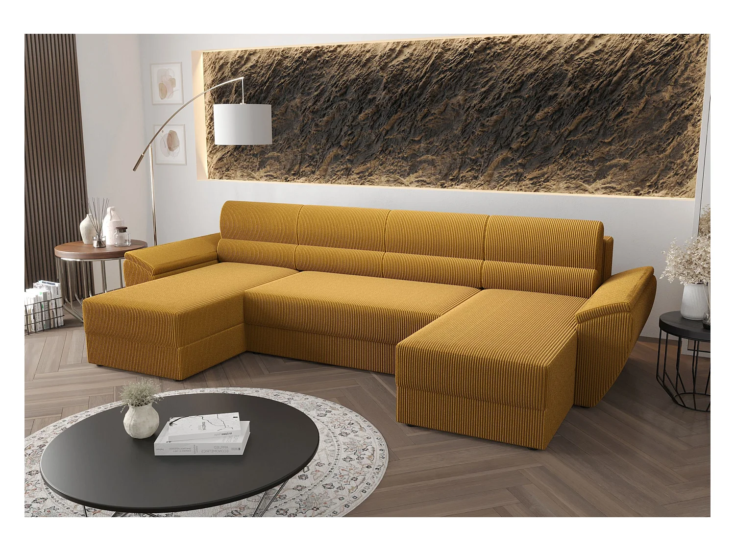 BEDANTE canapé d’angle REBIU2 Poso 01 orange avec fonction de couchage canapé en U avec espace de rangement