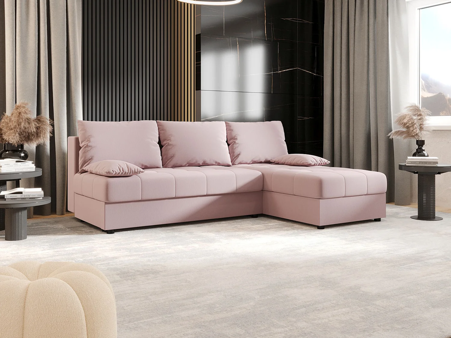 BEDANTE Canapé d’angle MOS L Cosmic 14 Rose Droite avec fonction lit, canapé en L avec coffre de rangement, canapé-lit, canapé convertible