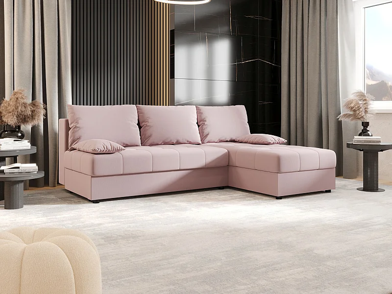 BEDANTE Canapé d’angle MOS L Cosmic 14 Rose Droite avec fonction lit, canapé en L avec coffre de rangement, canapé-lit, canapé convertible