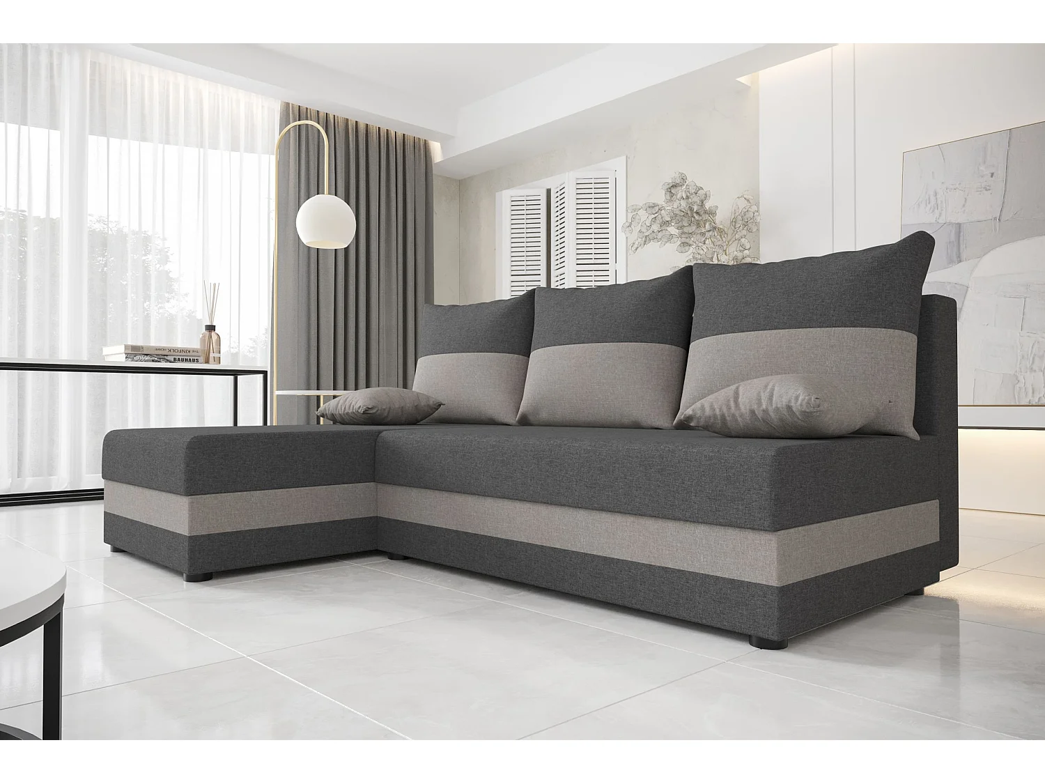 BEDANTE canapé d'angle HEWLET L Sawana 05+21 gauche gris/beige avec fonction de couchage canapé en forme de L