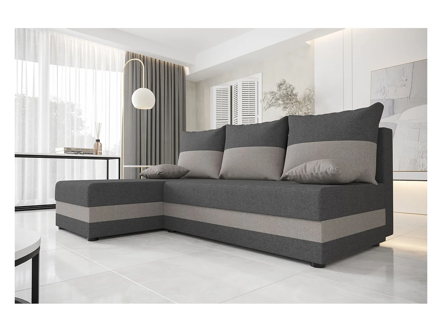 BEDANTE ECKSOFA HEWLET L Sawana 05+21 Links Grau/Beige mit Schlaffunktion L-Form Sofa mit Stauraum Bettkasten