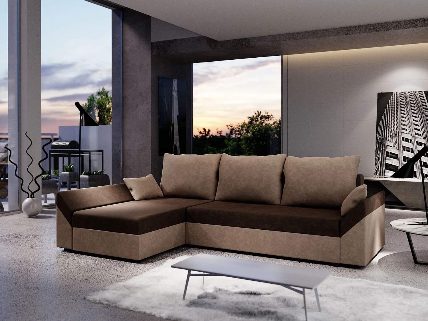 BEDANTE Narożnik DANTE L lewy Rainbow 20 + 05 Brązowy Układ L, Sofa z pojemnikiem na pościel, Pojemnik na pościel, Sofa do salonu, Kanapa, Sofa, Sofa rozkładana