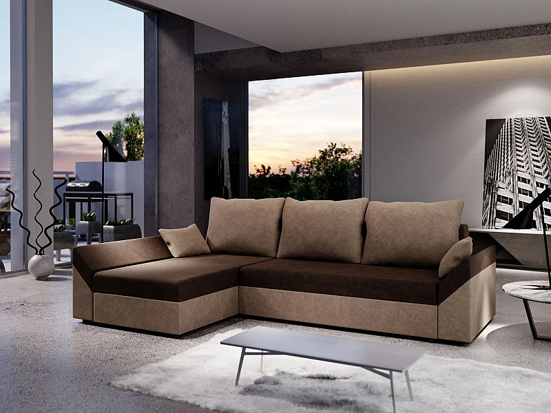 BEDANTE Narożnik DANTE L lewy Rainbow 20 + 05 Brązowy Układ L, Sofa z pojemnikiem na pościel, Pojemnik na pościel, Sofa do salonu, Kanapa, Sofa, Sofa rozkładana