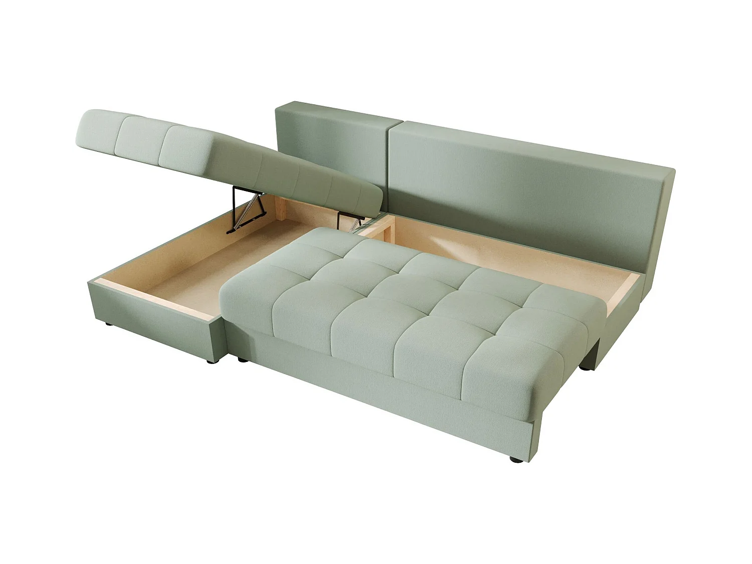 BEDANTE Canapé d’angle MOS L Cosmic 16 Vert clair Gauche avec fonction lit, canapé en L avec coffre de rangement, canapé-lit, canapé convertible